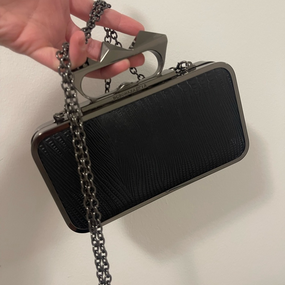 BCBGMaxAzria Black Textured Knuckle-Handle Chain Clutch with Gunmetal Hardware